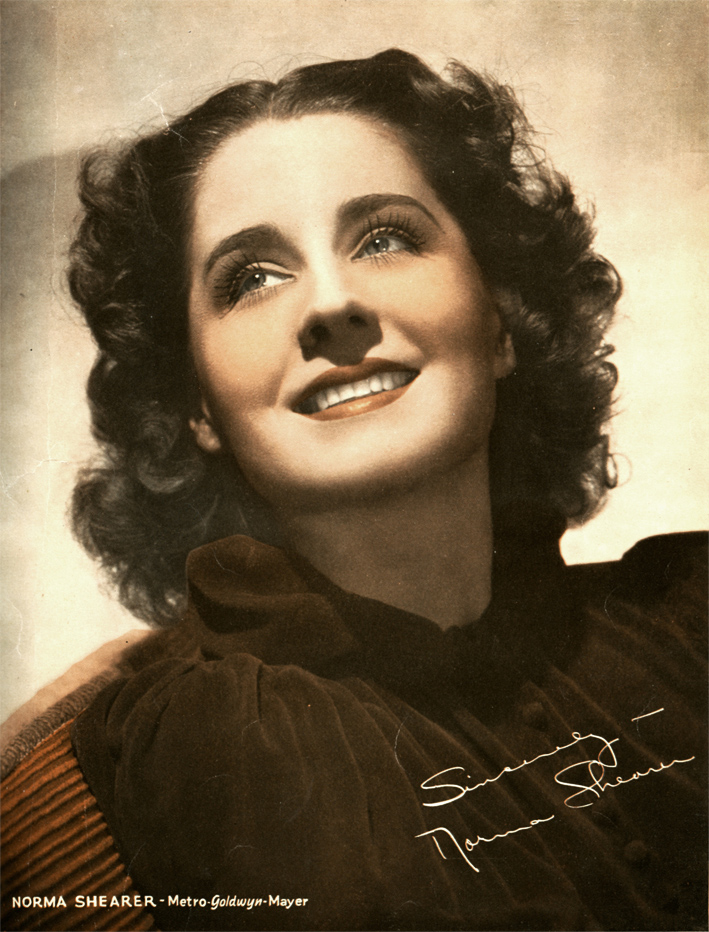 Colour photographic portrait of Norma Shearer with a dedication